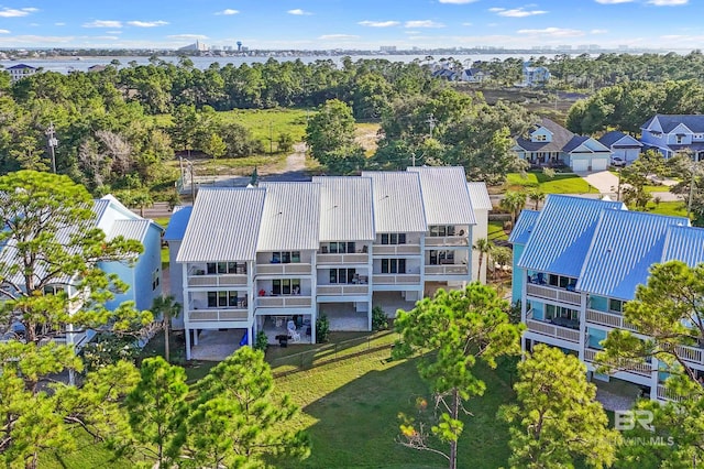 aerial view featuring a residential view and a water view