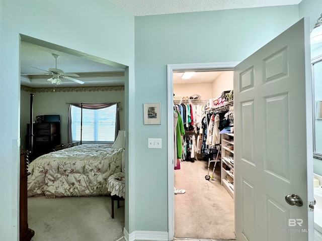 carpeted bedroom with a textured ceiling, ceiling fan, a walk in closet, and a closet