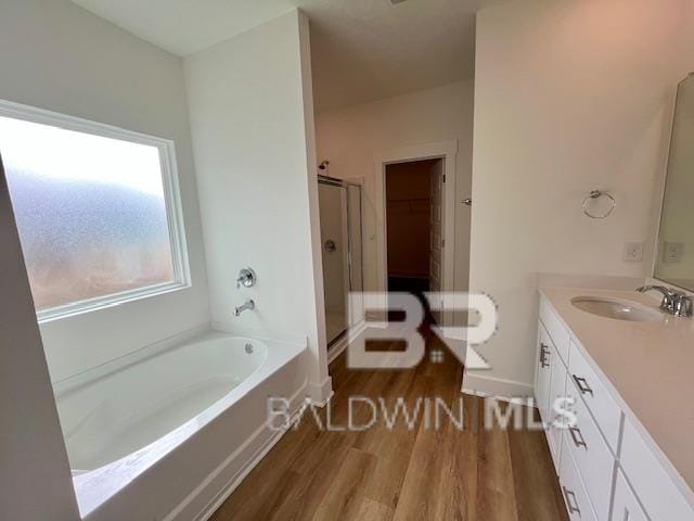 bathroom with wood-type flooring, vanity, and independent shower and bath