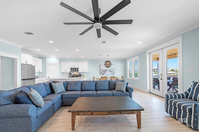 1337 W Lagoon Ave, Gulf Shores, AL 36542 - living room featuring french doors, recessed lighting, ceiling fan, and visible vents