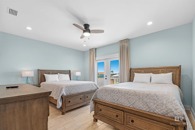 1337 W Lagoon Ave, Gulf Shores, AL 36542 - bedroom with light wood-style flooring, recessed lighting, access to outside, visible vents, and a ceiling fan