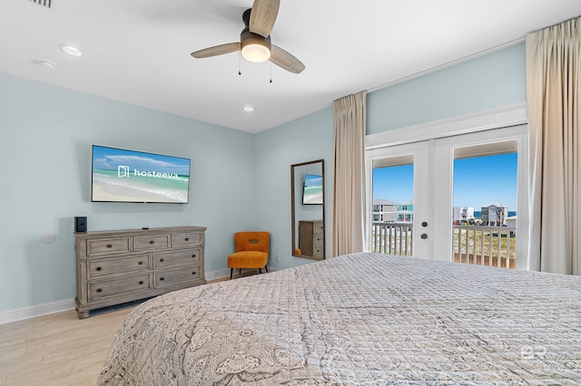 1337 W Lagoon Ave, Gulf Shores, AL 36542 - bedroom featuring baseboards, light wood-style flooring, access to outside, and ceiling fan