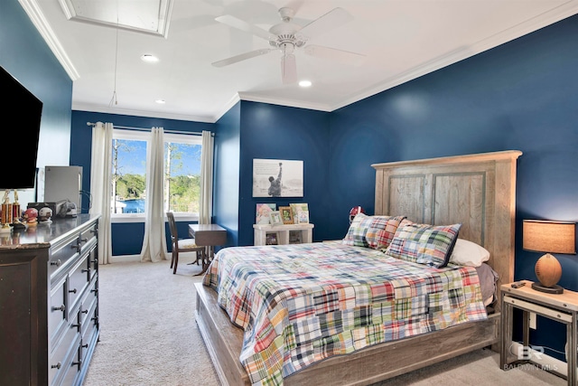 bedroom with light carpet, ceiling fan, and crown molding