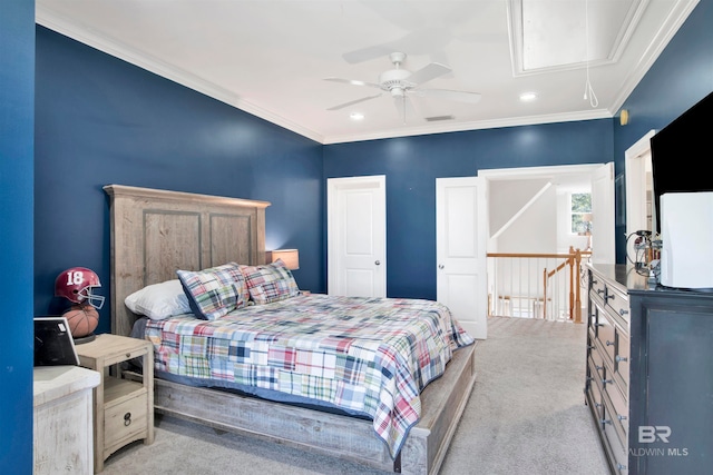 bedroom featuring light carpet, ceiling fan, and ornamental molding