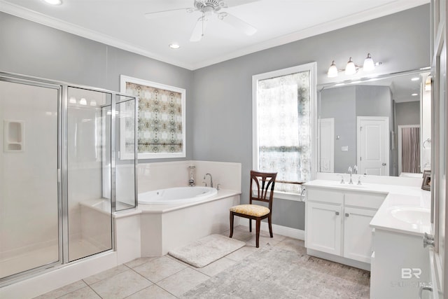 bathroom featuring plus walk in shower, vanity, and ornamental molding