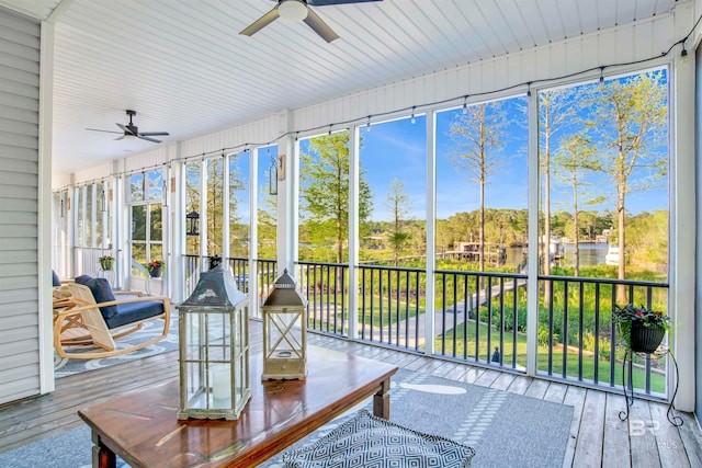 sunroom / solarium featuring ceiling fan