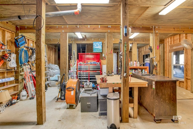 basement with a workshop area