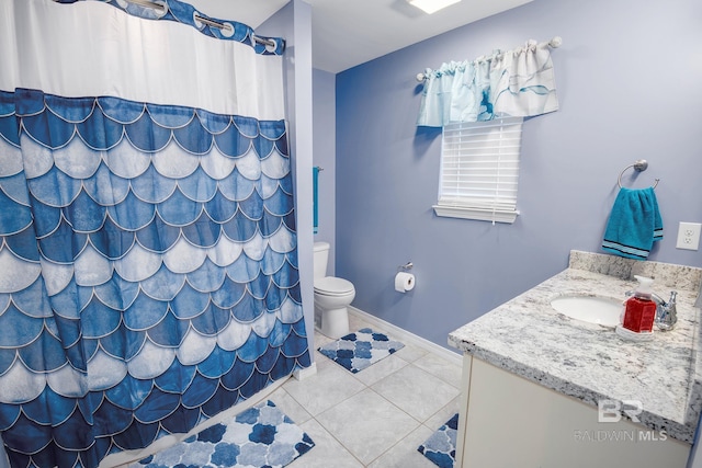 full bathroom with tile patterned flooring, vanity, toilet, baseboards, and curtained shower