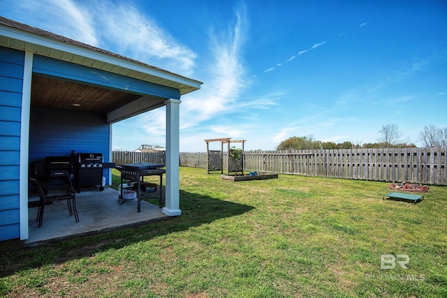 view of yard with a fenced backyard and a patio area