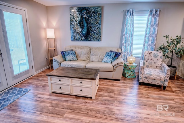 living room with baseboards and light wood-style floors