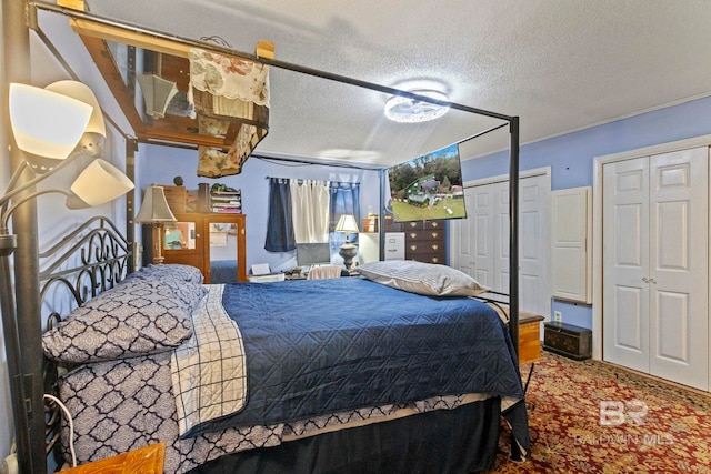 carpeted bedroom with multiple closets and a textured ceiling