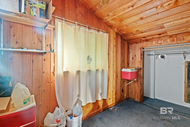 bathroom with wooden walls and lofted ceiling