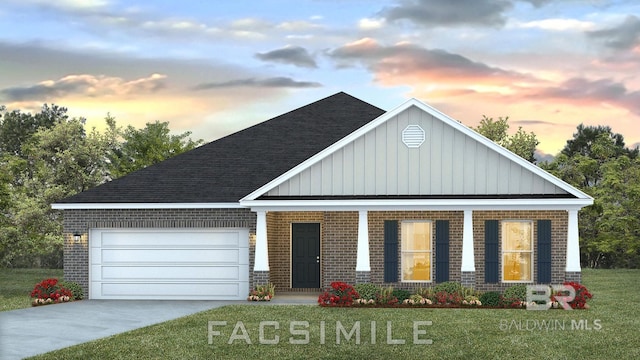 11569 Thistledown Loop, Spanish Fort, AL 36527 - view of front of property with covered porch, board and batten siding, driveway, brick siding, and a front lawn