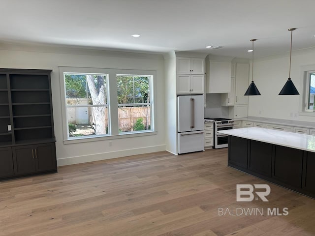 kitchen featuring high quality appliances, light hardwood / wood-style flooring, hanging light fixtures, ornamental molding, and white cabinets