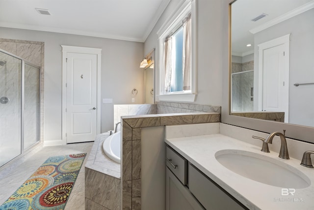 bathroom featuring ornamental molding, vanity, and plus walk in shower