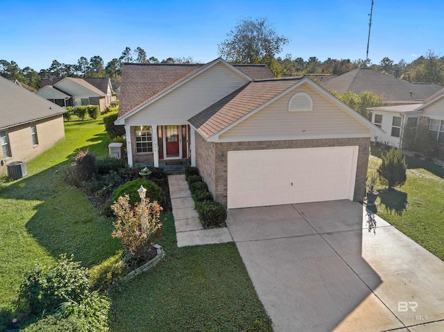 ranch-style house featuring central AC, a front lawn, and a garage