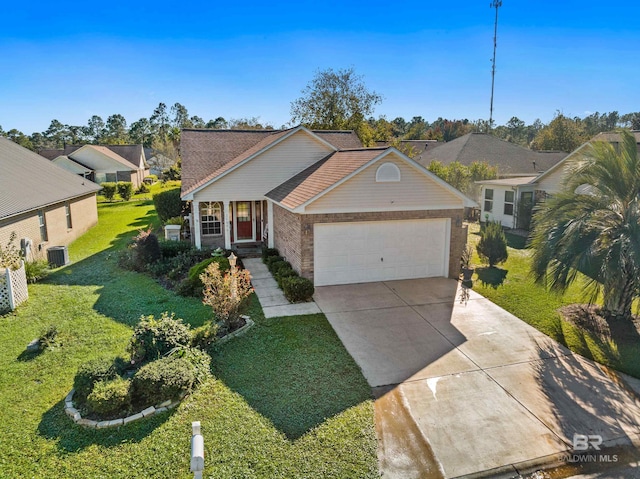 single story home with a garage, central AC, and a front lawn