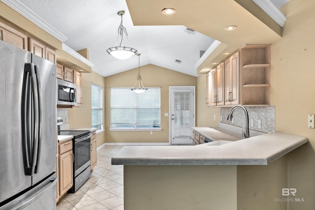 kitchen featuring backsplash, light brown cabinetry, and stainless steel appliances