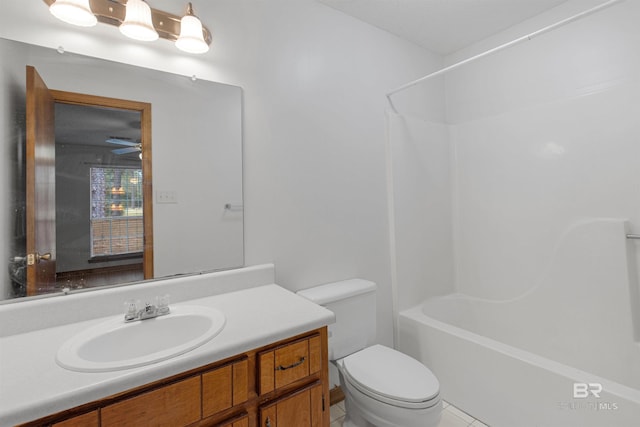 full bath with toilet, shower / bathing tub combination, and vanity