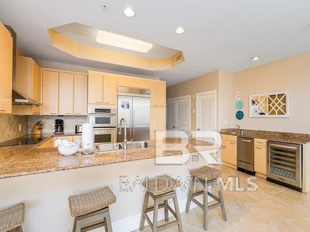 kitchen with kitchen peninsula, appliances with stainless steel finishes, a tray ceiling, and beverage cooler