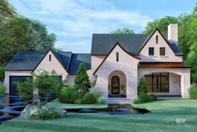 view of front of house with a chimney, a front yard, stone siding, and stucco siding