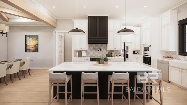 0 Olde Park Rd, Gulf Shores, AL 36542 - kitchen with white appliances, decorative backsplash, light wood-type flooring, white cabinetry, and recessed lighting