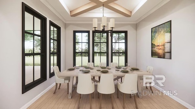 0 Olde Park Rd, Gulf Shores, AL 36542 - dining space featuring a chandelier, coffered ceiling, beamed ceiling, baseboards, and light wood-style floors