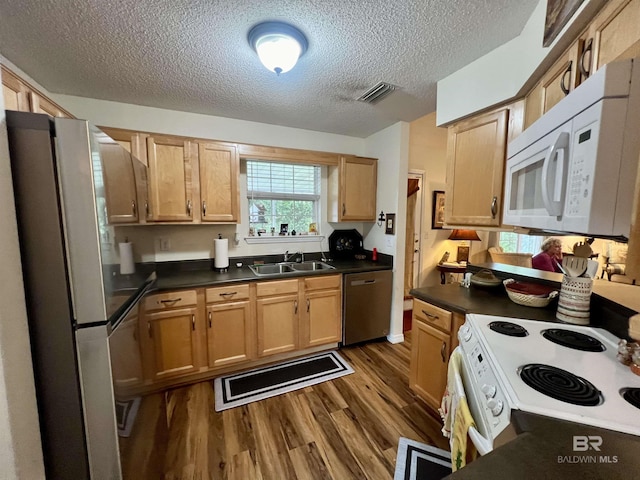 kitchen with sink, a textured ceiling, dark hardwood / wood-style floors, and appliances with stainless steel finishes