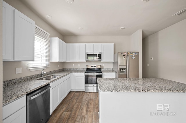 kitchen featuring stainless steel appliances, a sink, white cabinetry, and dark wood-type flooring