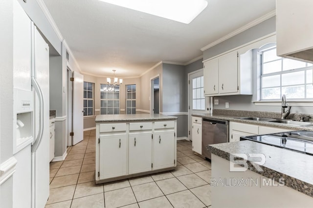 kitchen with white refrigerator with ice dispenser, white cabinetry, dishwasher, and light tile patterned floors