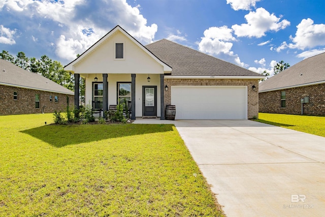 6902 Summerset Dr, Gulf Shores, AL 36542 - view of front of property with brick siding, a front lawn, a garage, driveway, and a porch