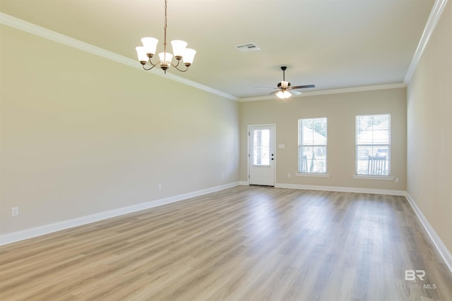 6902 Summerset Dr, Gulf Shores, AL 36542 - unfurnished room with a chandelier, ceiling fan, crown molding, light wood-type flooring, and baseboards