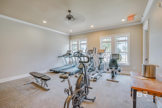 8242 Sycamore Way, Semmes, AL 36575 - exercise room with carpet flooring, recessed lighting, crown molding, and a ceiling fan