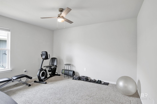 exercise room with carpet, plenty of natural light, and ceiling fan