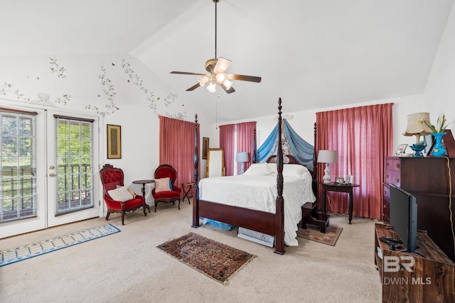 bedroom featuring access to exterior, ceiling fan, french doors, carpet floors, and lofted ceiling