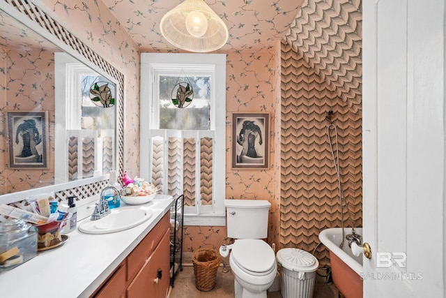 bathroom with vanity, toilet, and a tub