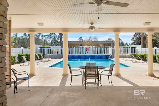 view of pool featuring a patio and ceiling fan