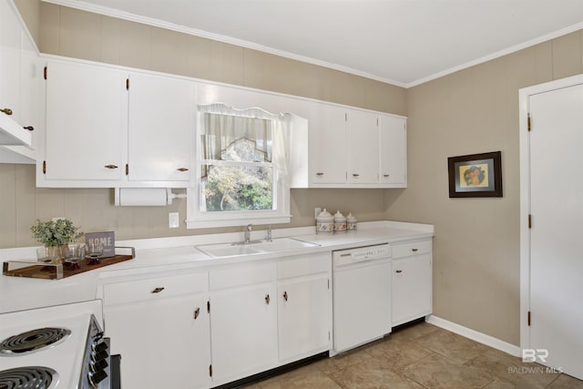 kitchen with white dishwasher, a sink, light countertops, white cabinets, and crown molding