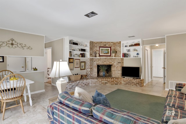 living area featuring visible vents, baseboards, crown molding, and tile patterned flooring