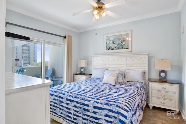 tiled bedroom with ceiling fan, access to exterior, and ornamental molding