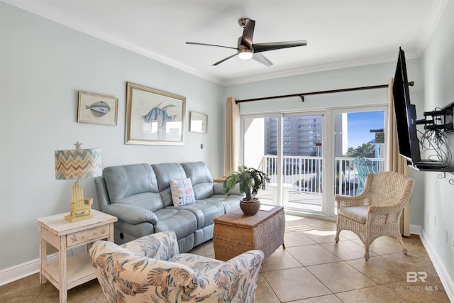 tiled living room featuring ceiling fan and ornamental molding