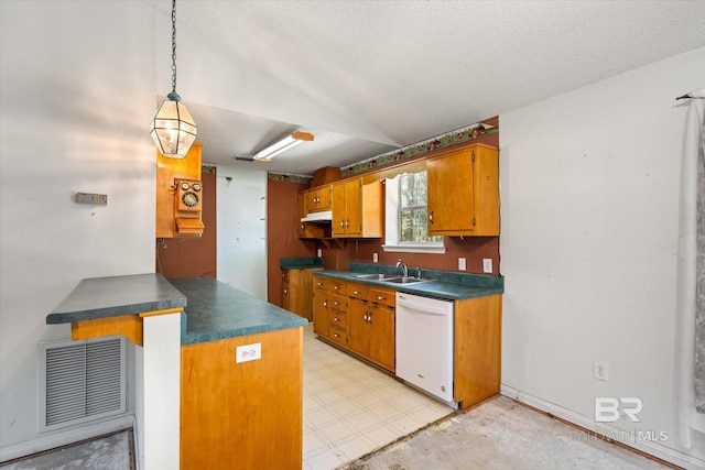 kitchen with dark countertops, dishwasher, a peninsula, lofted ceiling, and visible vents