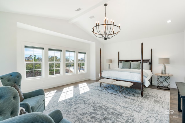 bedroom featuring vaulted ceiling with beams, a chandelier, and light hardwood / wood-style floors