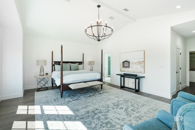 bedroom with beam ceiling, a chandelier, dark hardwood / wood-style floors, and high vaulted ceiling