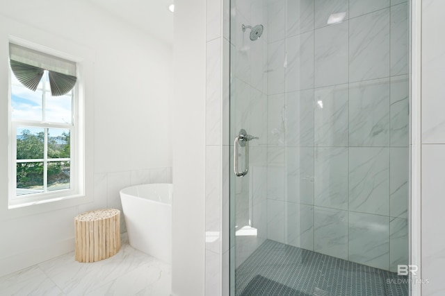 bathroom with plus walk in shower and tile floors