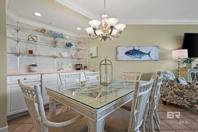 tiled dining room with ornamental molding and a notable chandelier