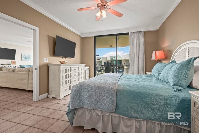 bedroom featuring access to outside, crown molding, ceiling fan, and tile patterned floors