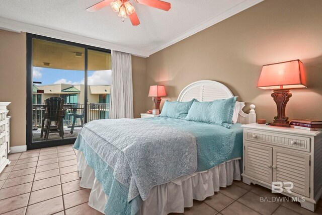 tiled bedroom featuring access to outside, ornamental molding, and ceiling fan