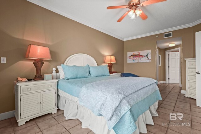 bedroom with ceiling fan, crown molding, and tile patterned flooring