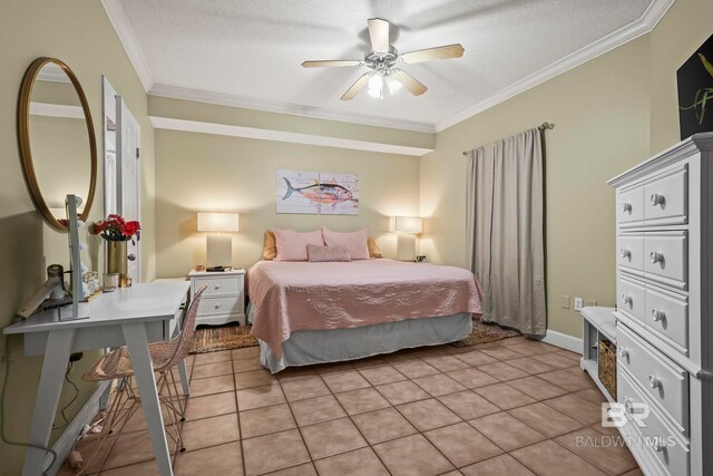 bedroom with ceiling fan, crown molding, and light tile patterned floors